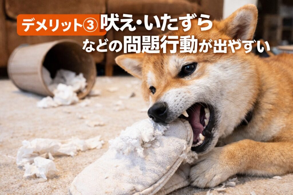 室内でスリッパを噛んでいたずらする柴犬の様子