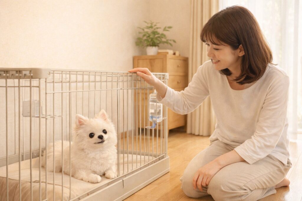 自宅でケージに入った犬を優しく見守る日本人女性