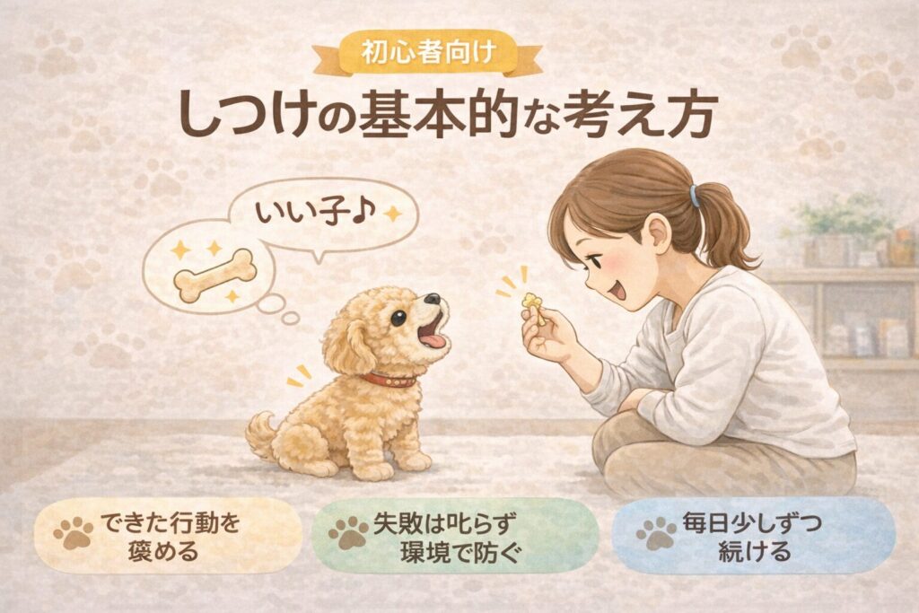 犬の行動を叱らずに褒めて教える、初心者向けしつけの考え方を示したイラスト