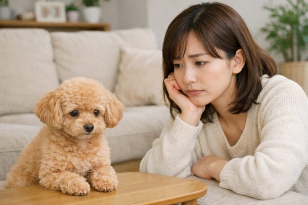 留守番ができず不安そうな表情の犬と悩む日本人女性の飼い主