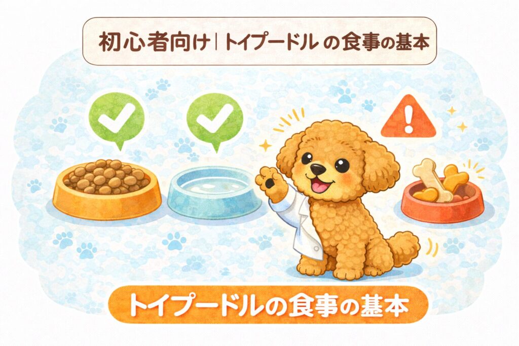 トイプードルの食事の基本をフードと水、おやつで説明したイラスト