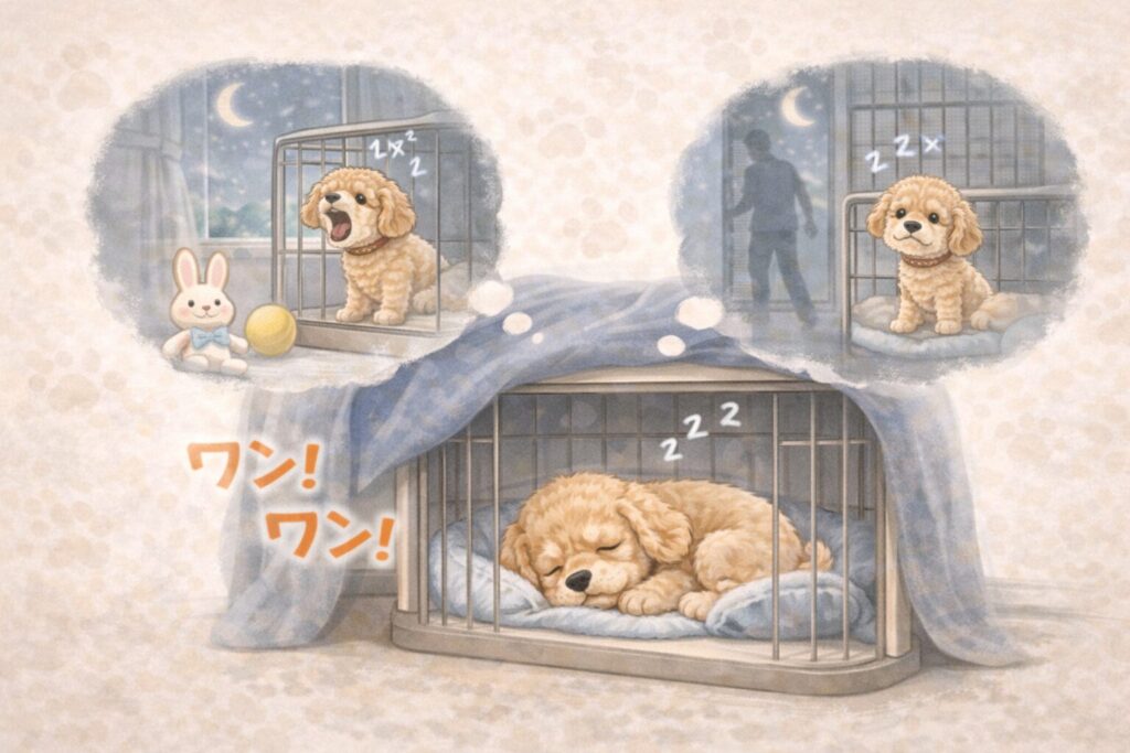 夜や留守番中にケージで安心して眠る犬の様子を描いたイラスト