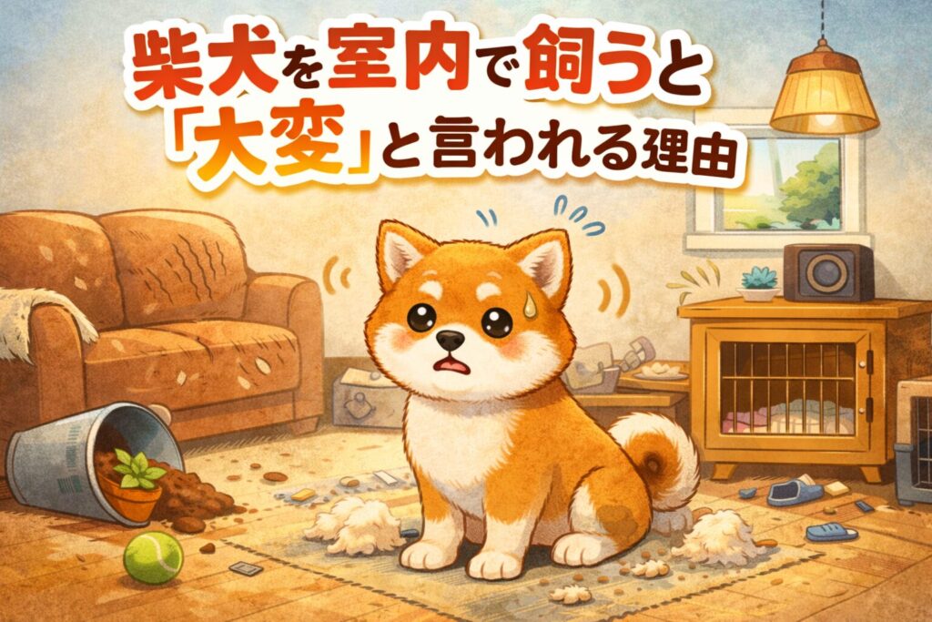 室内で飼われて戸惑う様子の柴犬と散らかった部屋のイラスト