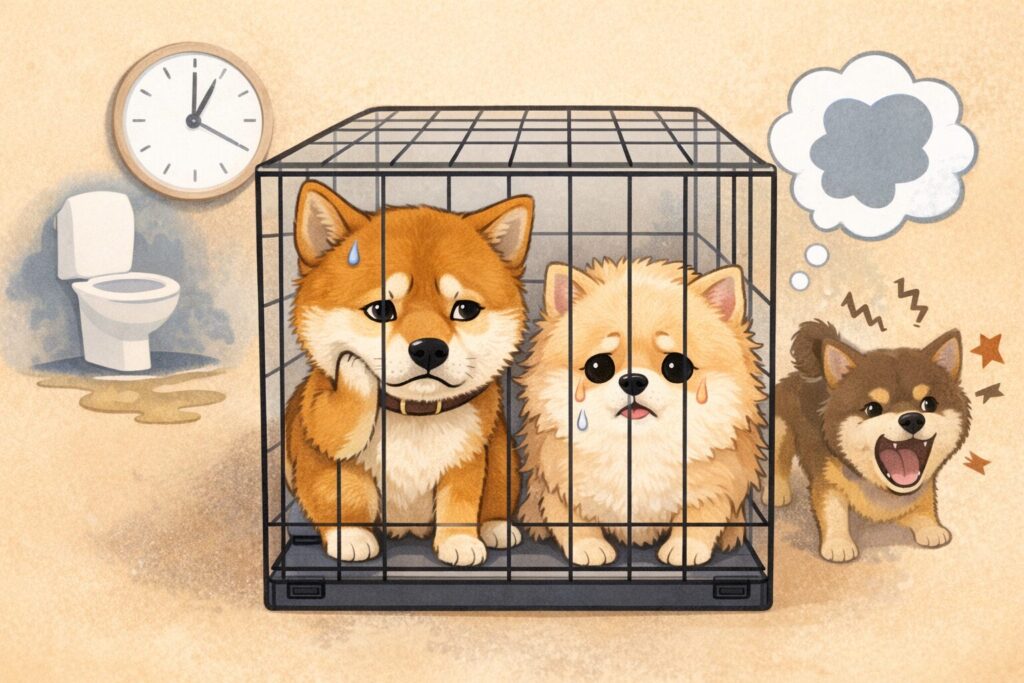ケージの中で不安そうな表情をする柴犬と白ポメラニアンのイラスト