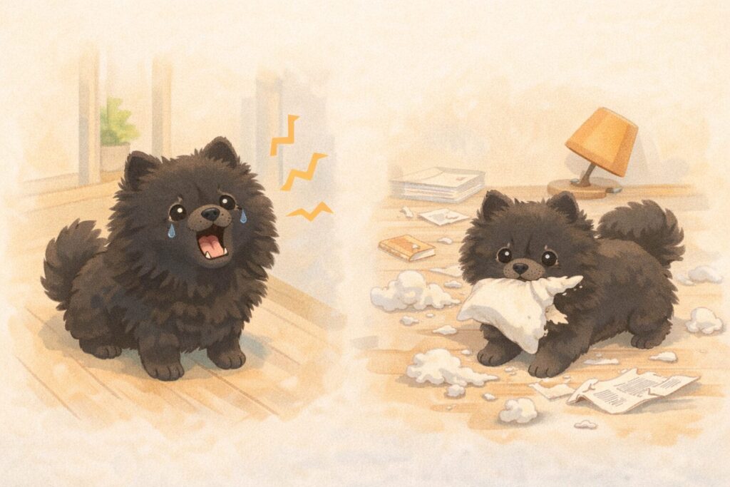 留守番中に吠えたり物を壊したりする犬のイラスト