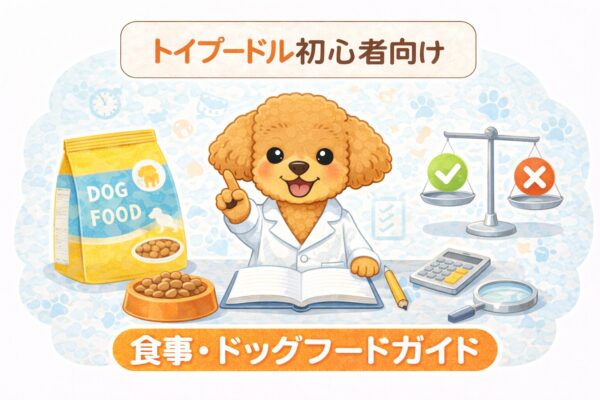 トイプードル研究員が食事とドッグフードの基本を解説しているイラスト