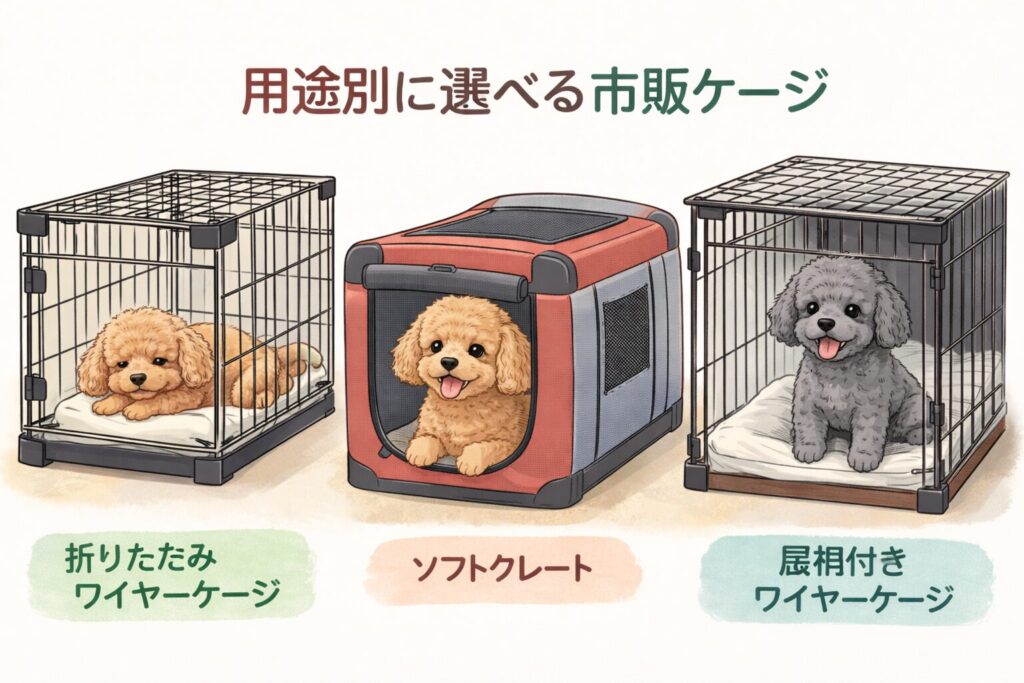 折りたたみワイヤーケージ、ソフトクレート、屋根付きワイヤーケージを比較した犬用ケージのイラスト
