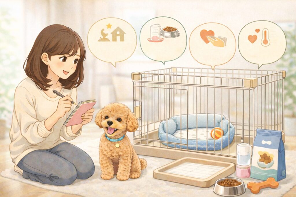 犬を迎えて最初の1週間に、ケージを中心に安心できる環境を整えている初心者向けイラスト