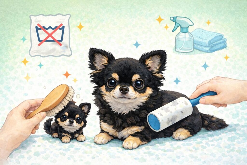 ブラシや粘着クリーナーで黒チワワぬいぐるみをお手入れするイラスト