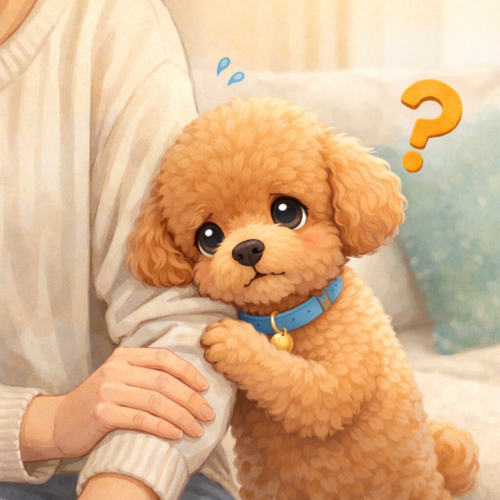 飼い主に寄り添って不安そうな表情を見せるトイプードルのイラスト。寂しがりな性格を表現