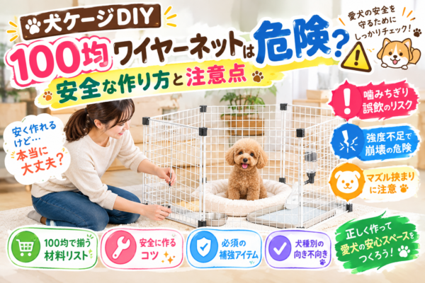 100均ワイヤーネットで作った犬用ケージと愛犬、DIYの安全対策を示すイラスト