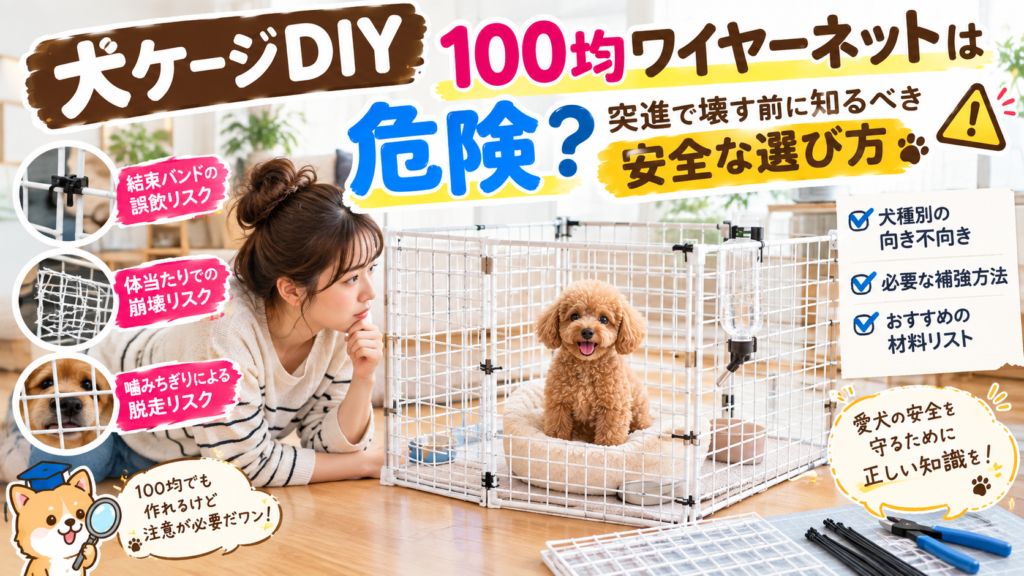 ワイヤーネットで作る犬用ケージの安全性と注意点を示したイラスト