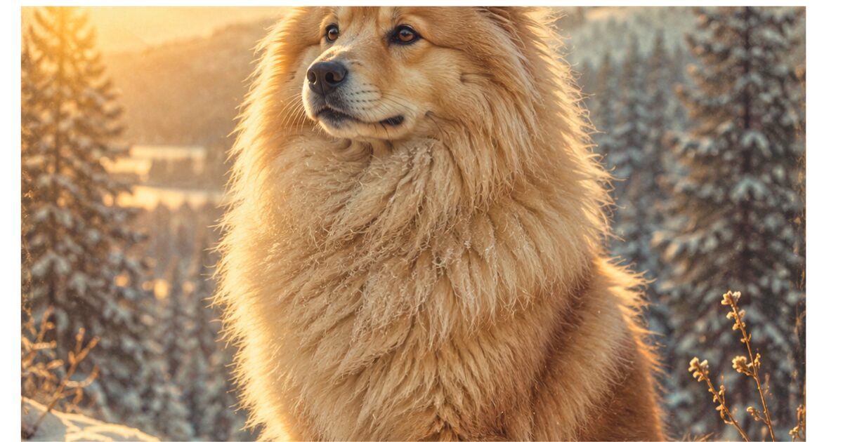 雪景色の中で佇む、ポメラニアンの祖先であるスピッツ系の犬。
