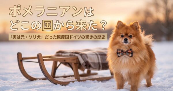 雪景色の中でソリの横に立つポメラニアン。原産国ドイツの歴史と元ソリ犬だったルーツを解説するアイキャッチ画像。