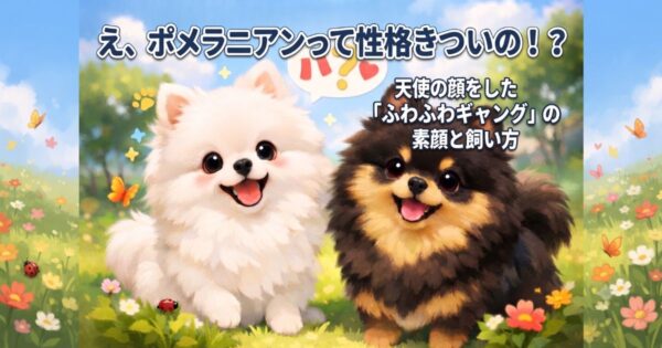 疑問符の吹き出しの横で笑顔を見せる白と黒のポメラニアンのイラスト。記事タイトル「え、ポメラニアンって性格きついの!?」と記載。