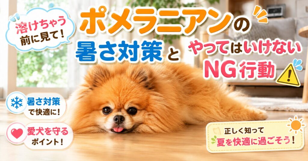 暑い夏にフローリングの床でペターッと涼んでいるポメラニアン