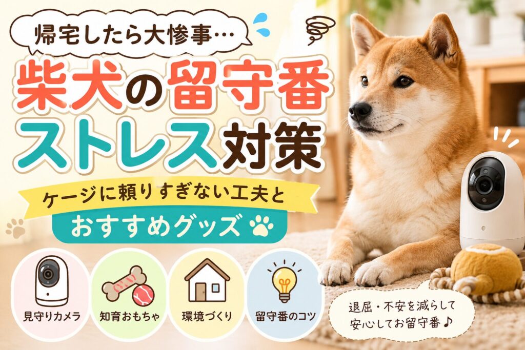 留守番中の柴犬と見守りカメラ、知育おもちゃを使ったストレス対策を紹介するアイキャッチ画像
