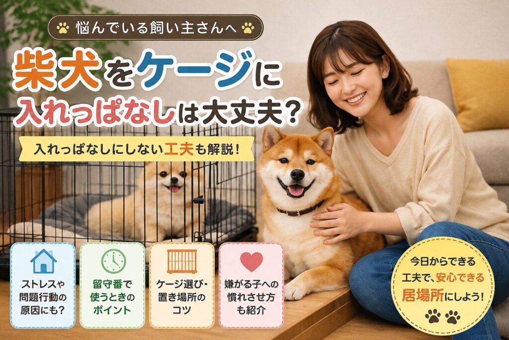 ケージの前でくつろぐ柴犬と飼い主。柴犬をケージに入れっぱなしにしないための正しい使い方を解説するイメージ