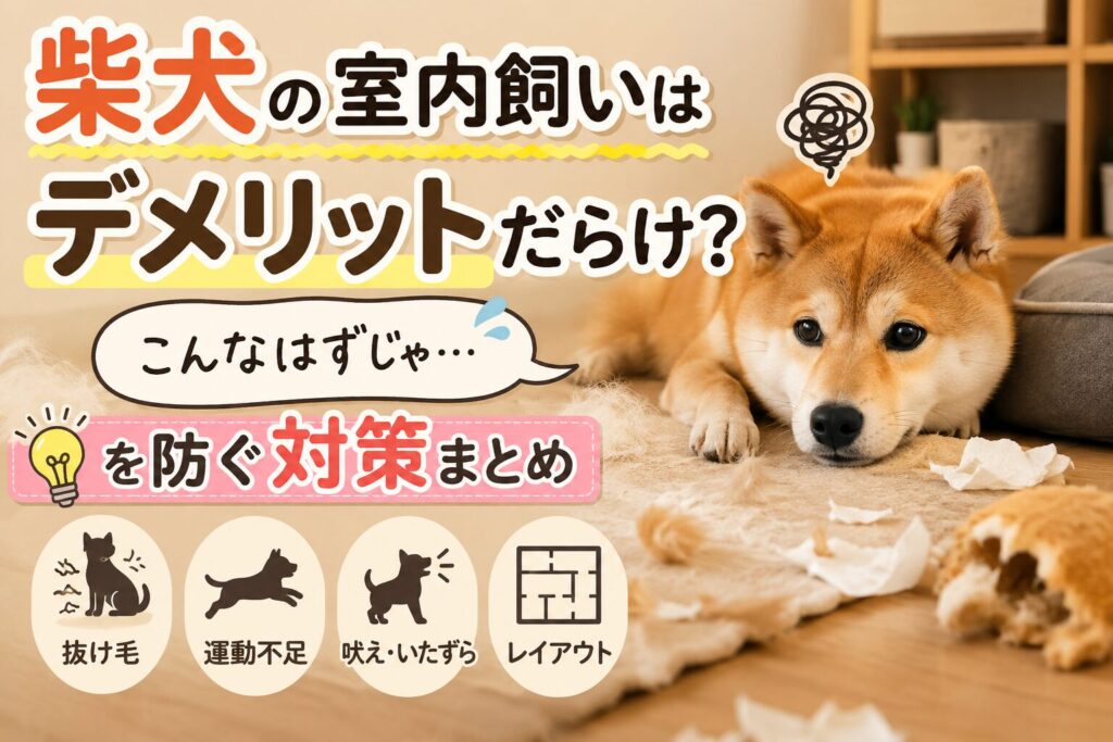 室内で暮らす柴犬と、抜け毛・運動不足・吠え・レイアウトなど室内飼いのデメリットをイメージしたアイキャッチ画像