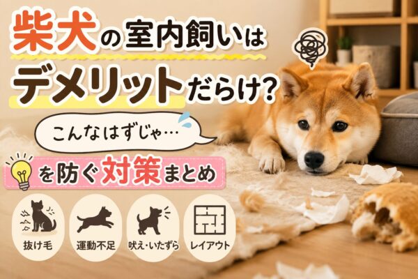 室内で暮らす柴犬と、抜け毛・運動不足・吠え・レイアウトなど室内飼いのデメリットをイメージしたアイキャッチ画像