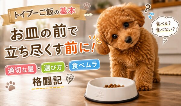 ドッグフードのお皿の前で小首をかしげて困ったような表情をする、モコモコで愛らしいトイプードルの子犬