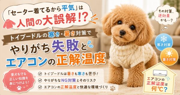 セーターを着たトイプードルとエアコンを背景に、寒さ・暑さ対策や適切な室温について解説するアイキャッチ画像。