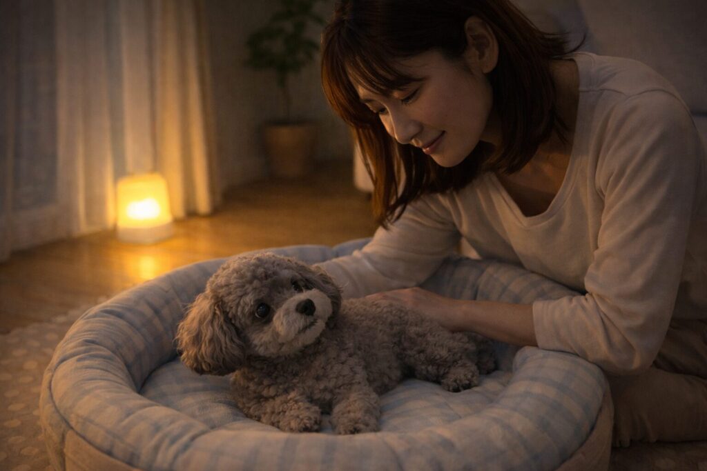 夜間、足元灯のある部屋で老犬をやさしく見守る日本人女性の様子