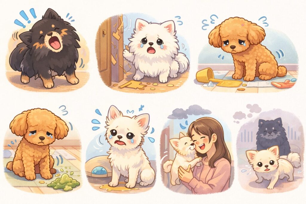 吠え・破壊・粗相・下痢・嘔吐・震え・興奮や元気がないなど7つのストレスサインをまとめた犬のイラスト