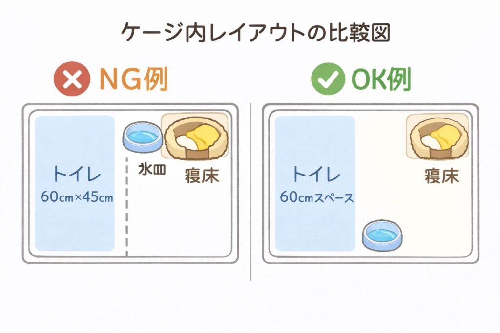 柴犬 ケージ サイズ 失敗例 NG配置とOK配置の比較図