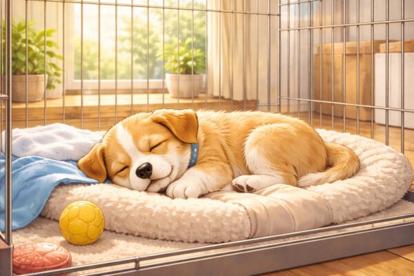 明るい室内のケージで安心して眠る子犬のイラスト。共働き家庭の留守番対策をイメージ。