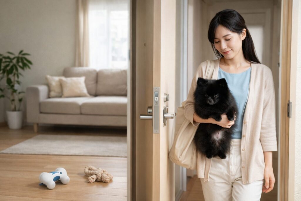 清潔感のある日本人女性が黒ポメラニアンを抱き、落ち着いた室内で外出準備をする実写風写真