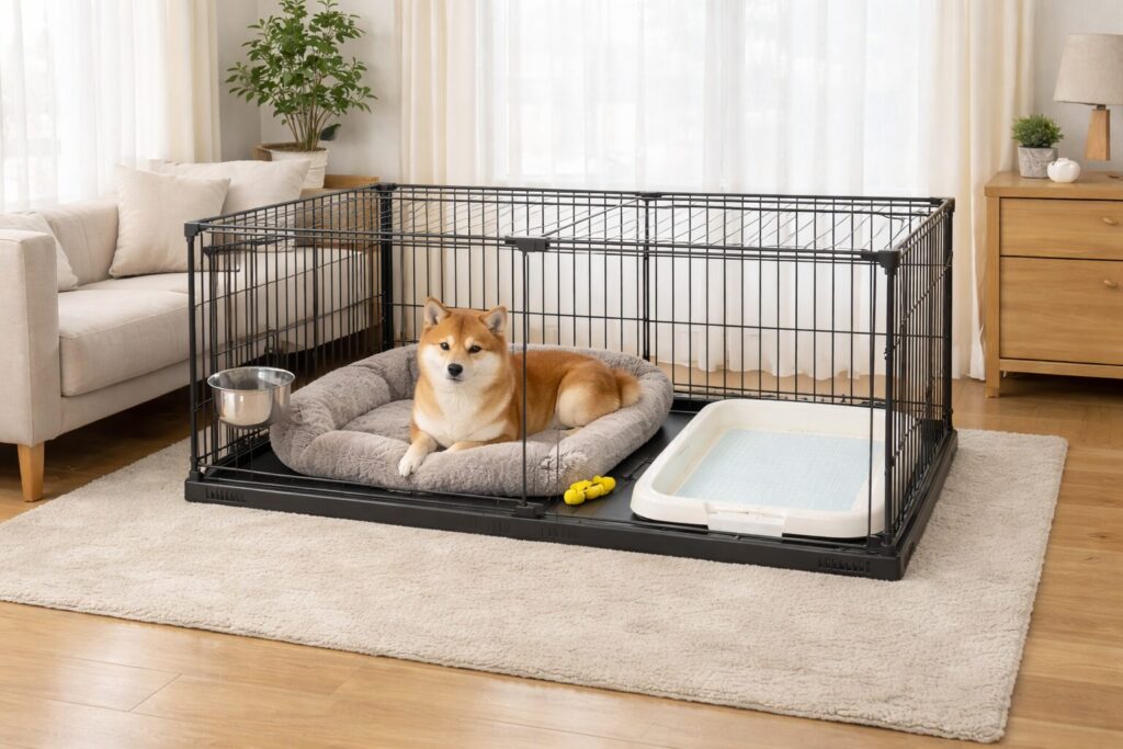 柴犬が120cmケージ内で落ち着いて休んでいる様子。寝床とトイレが分離された配置。