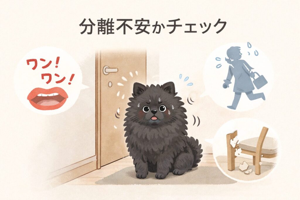 玄関で不安そうにする黒ポメラニアンのイラスト