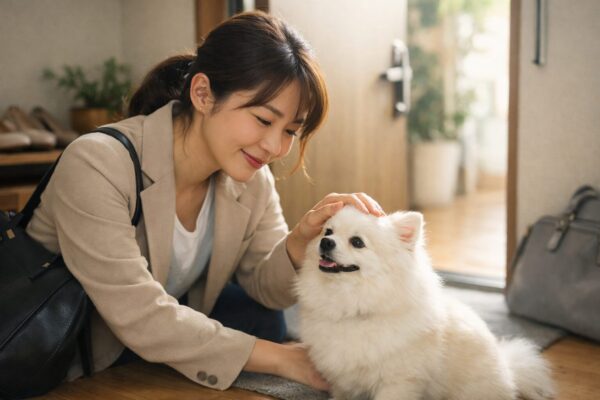 出勤前に白ポメラニアンを優しく撫でる日本人女性の様子