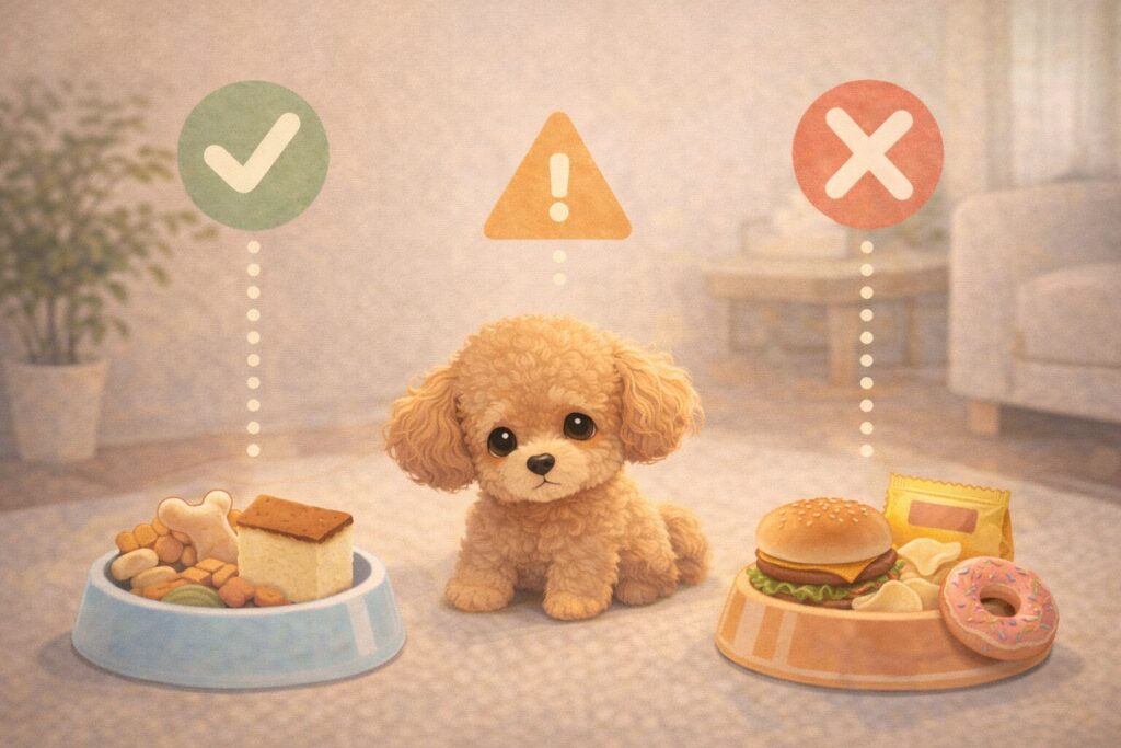 老犬を中心に、安全なおやつと注意が必要な食べ物、避けたい食べ物が配置されたイラスト