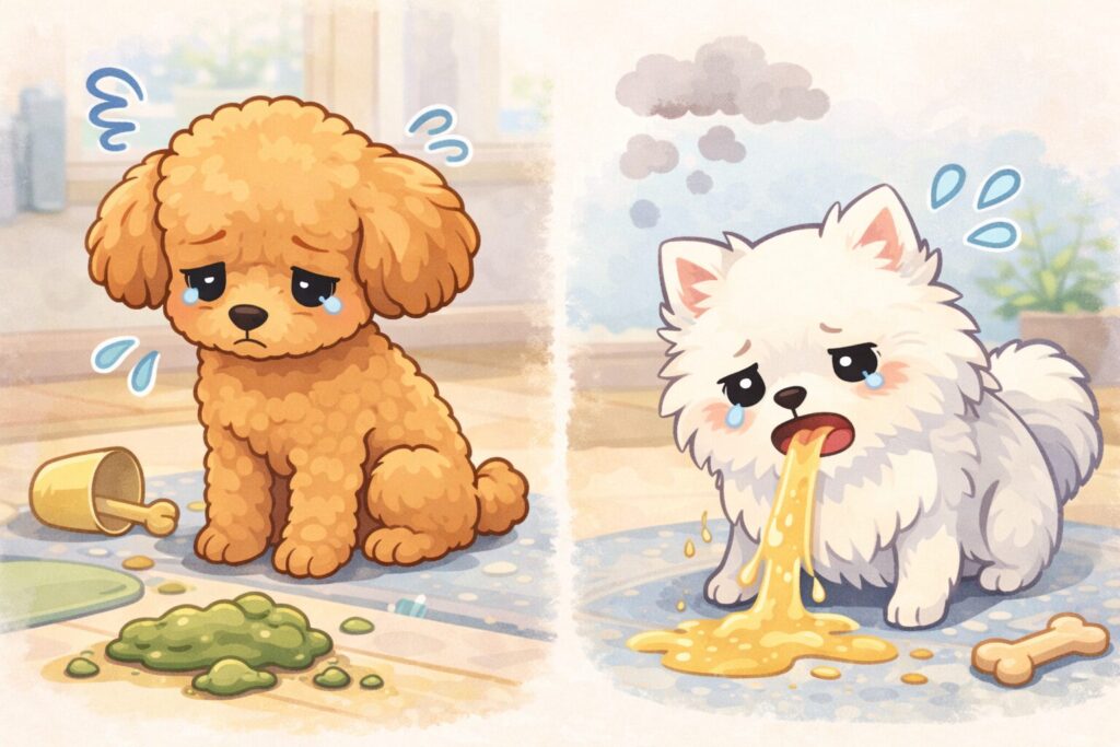 下痢をしているアプリコットプードルと吐いている白ポメラニアンのイラスト