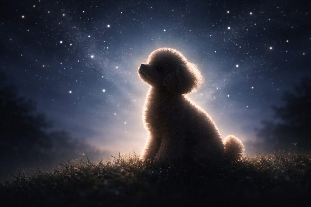 星空の下で淡く光る犬のシルエット(トイプードルをイメージした象徴表現)