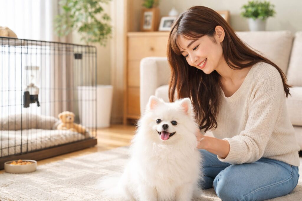 ナチュラルな室内で白ポメラニアンをやさしく撫でる清潔感のある日本人女性と整ったケージ環境