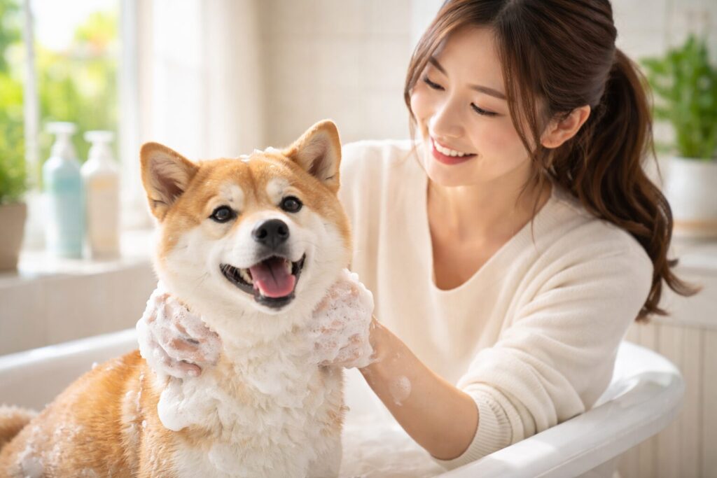 清潔感のある日本人女性が、バスルームで柴犬をやさしくシャンプーしている写真