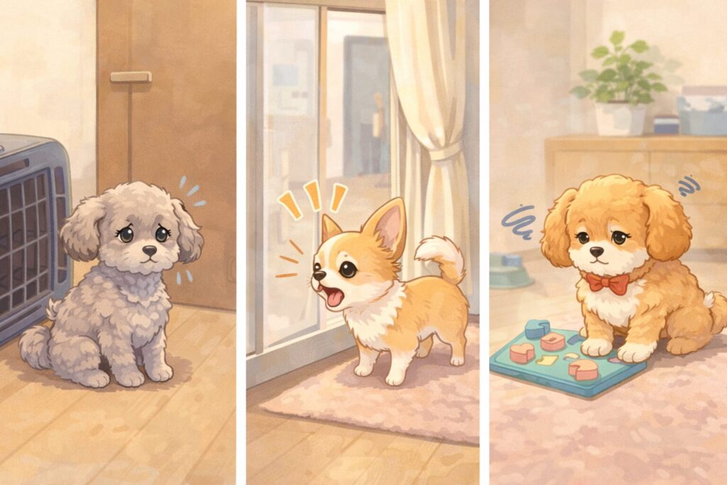 分離不安・警戒・退屈の3タイプを示した小型犬のイラスト