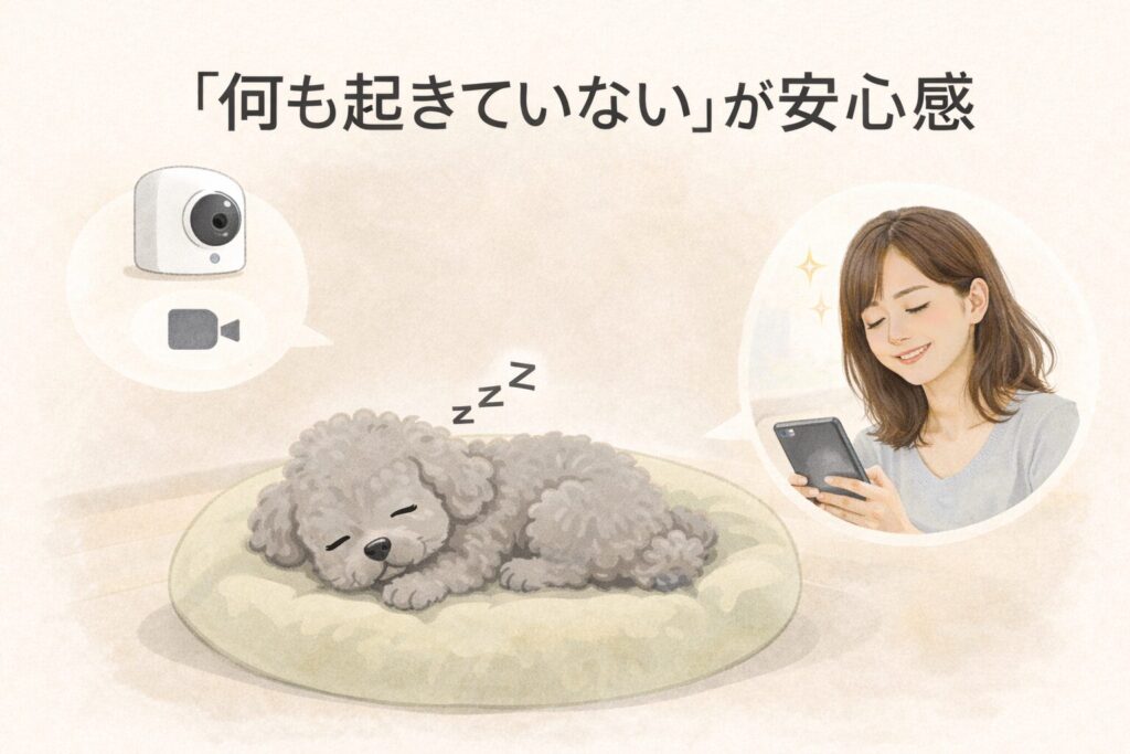 見守りカメラで寝ているシルバートイプードルを確認するイラスト