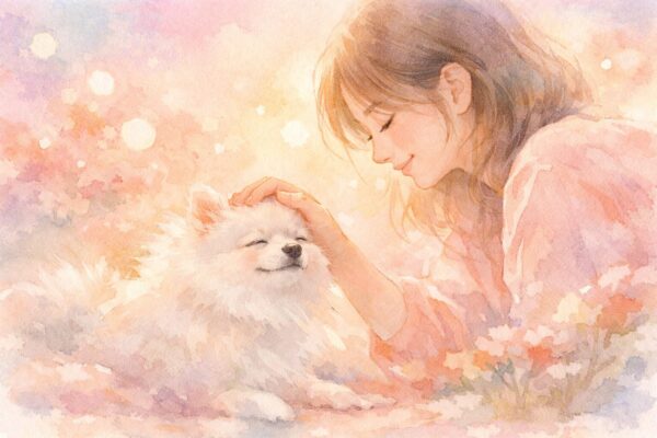 犬を撫でる夢のイメージ|やさしい光の中で犬を撫でる人物