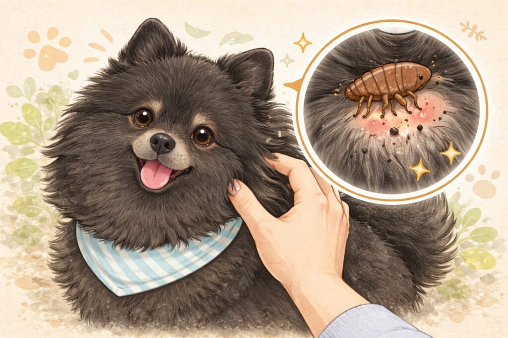 黒ポメラニアンの毛をかき分けてノミを確認する様子と拡大表示のイラスト