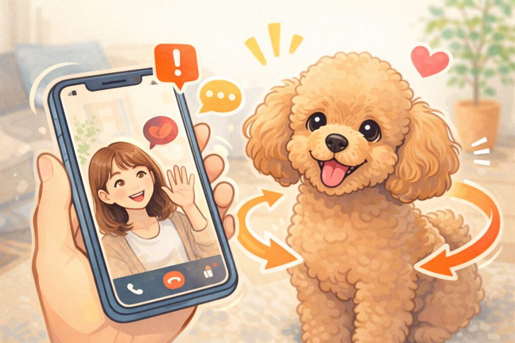 スマホ越しに飼い主とコミュニケーションするアプリコットプードルのイラスト