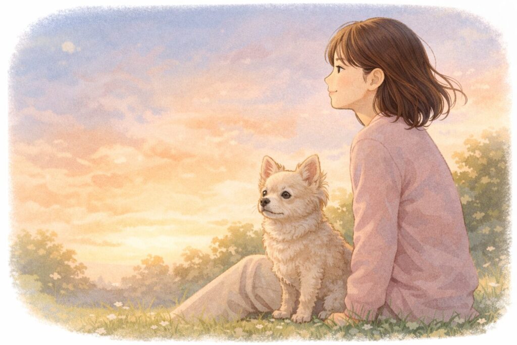 夕暮れの中で老犬と並んで座り、静かに前を見つめる飼い主のイラスト