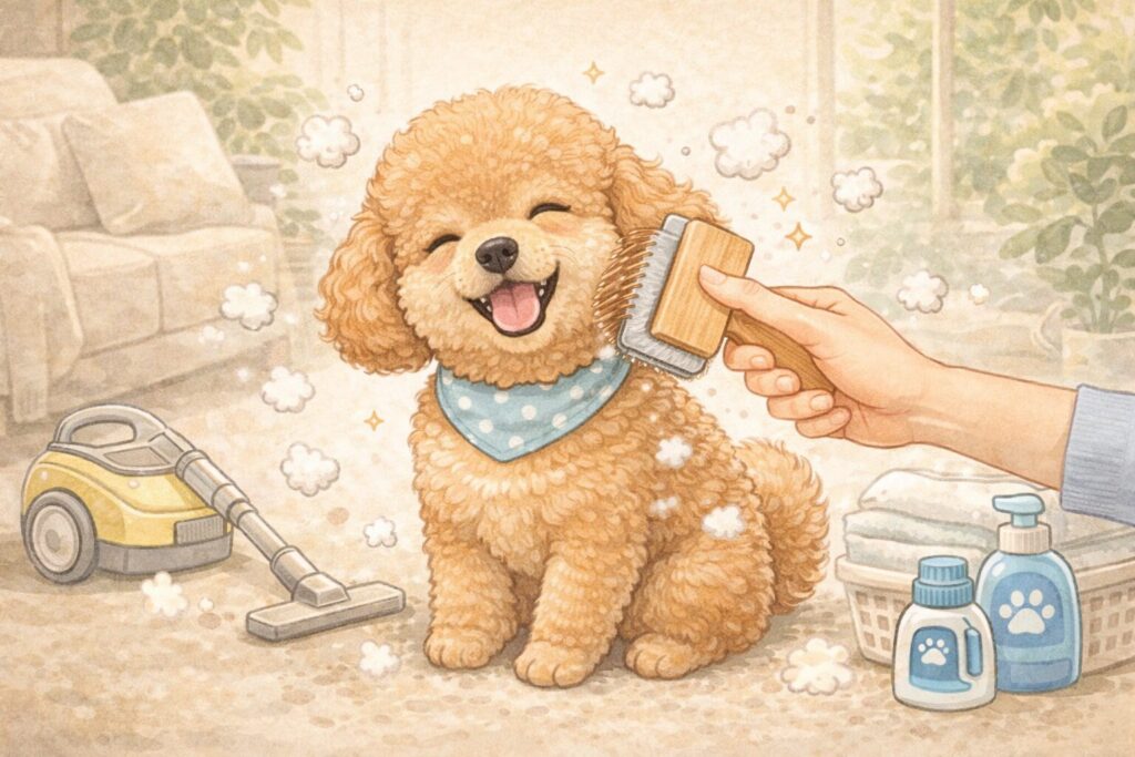 アプリコットプードルをブラッシングし掃除機や洗濯用品が描かれた室内ケアイラスト