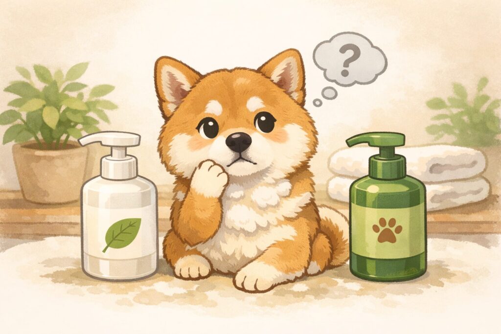 2種類のシャンプーボトルを前に、考え込む表情の柴犬のイラスト