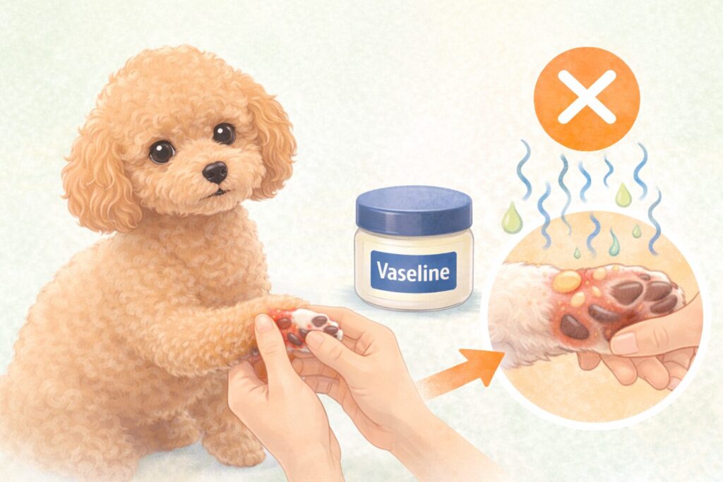 アプリコットトイプードルの赤い足にワセリンを塗るイメージと蒸れによる悪化リスクを示すイラスト