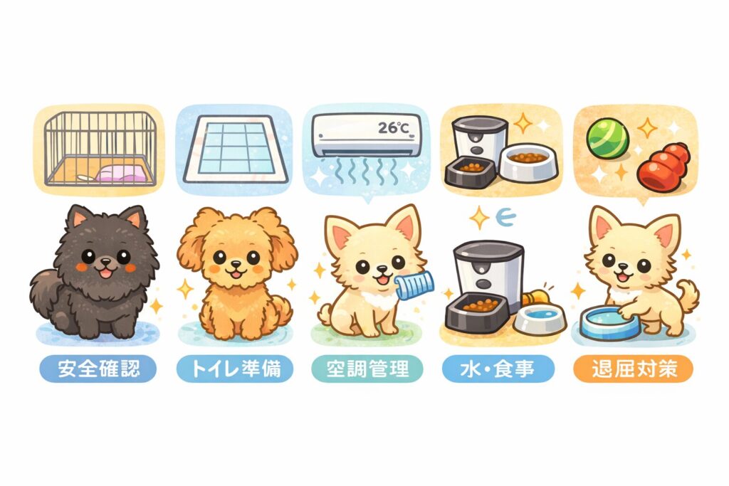 安全確認・トイレ準備・空調管理・水と食事・退屈対策の5項目をわかりやすくまとめた子犬の準備チェックイラスト