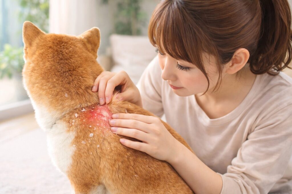 柴犬の被毛をかき分けて皮膚の赤みやフケをチェックしている飼い主